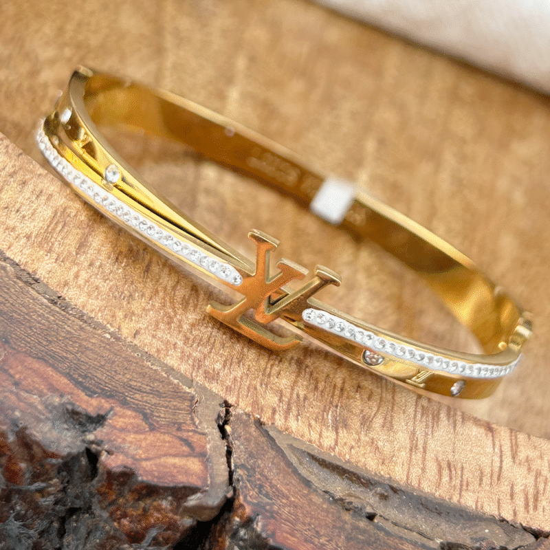 LV Inspired Crystal-Studded Gold Bracelet