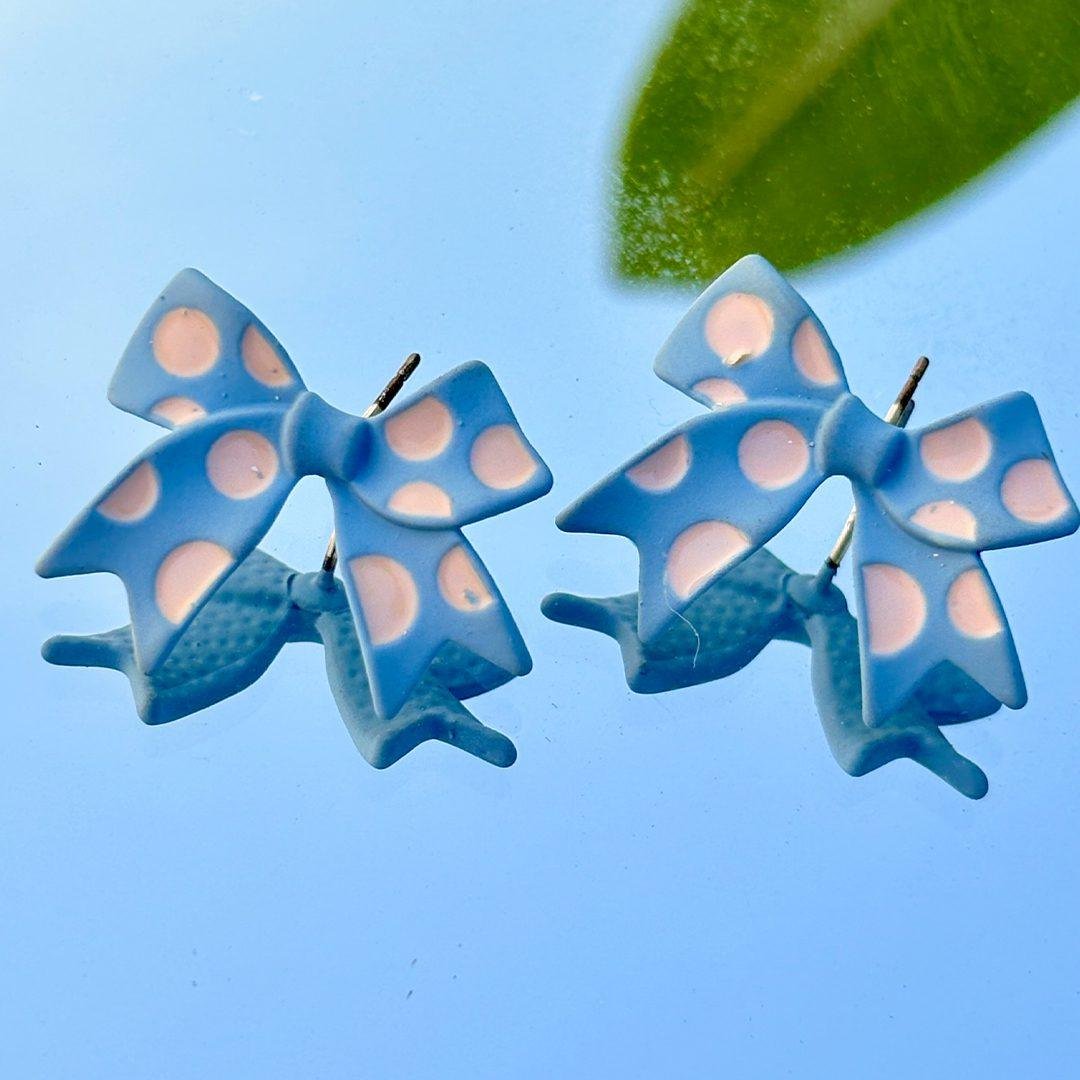 Blue Polka Dot Bow Studs