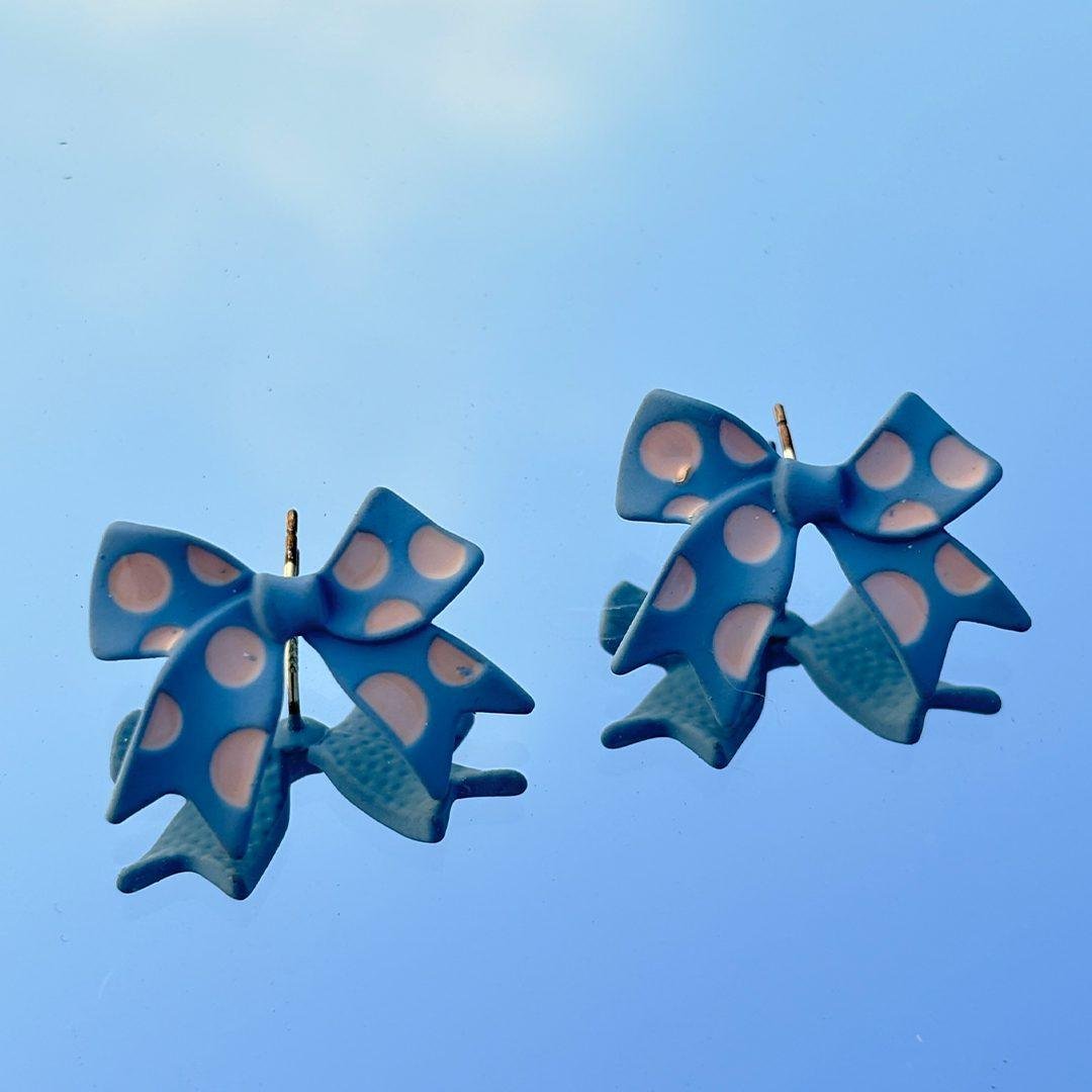 Blue Polka Dot Bow Studs