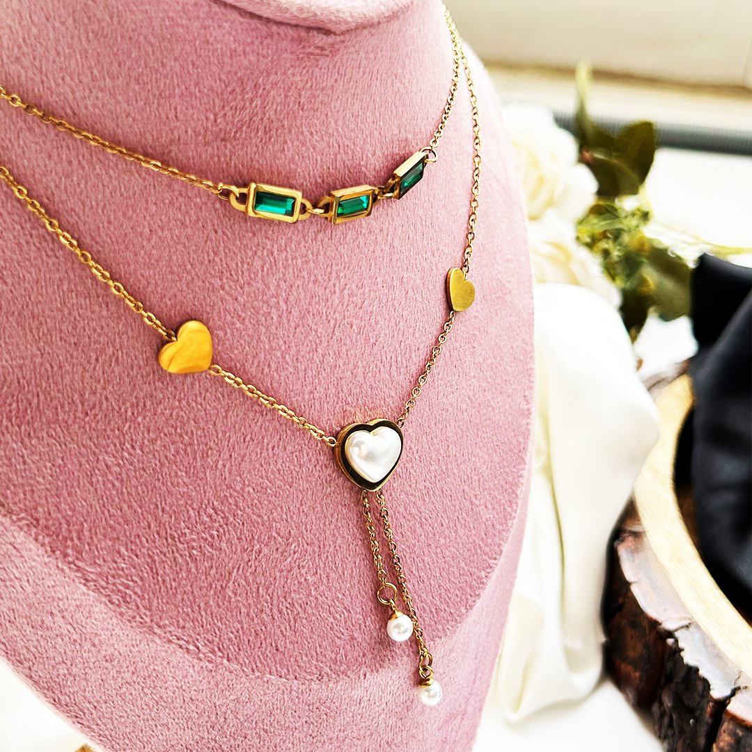 Emerald Heart Pearl Drop Necklace