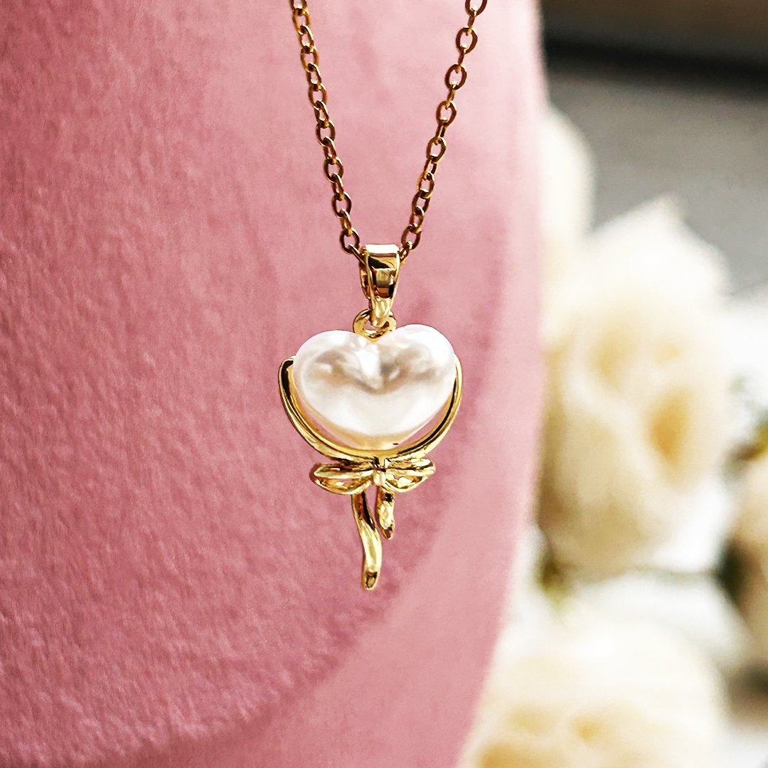 Golden Pearl Heart Bow Pendant