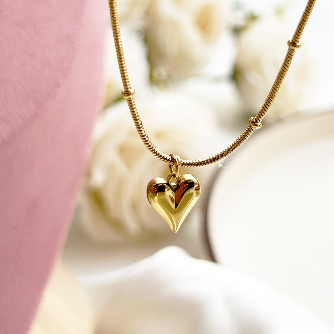 Golden Beaded Heart Charm Necklace