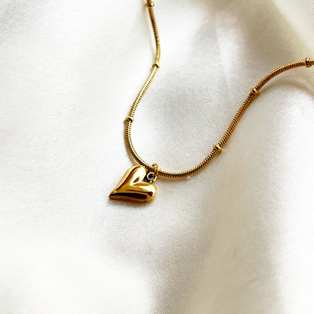 Golden Beaded Heart Charm Necklace